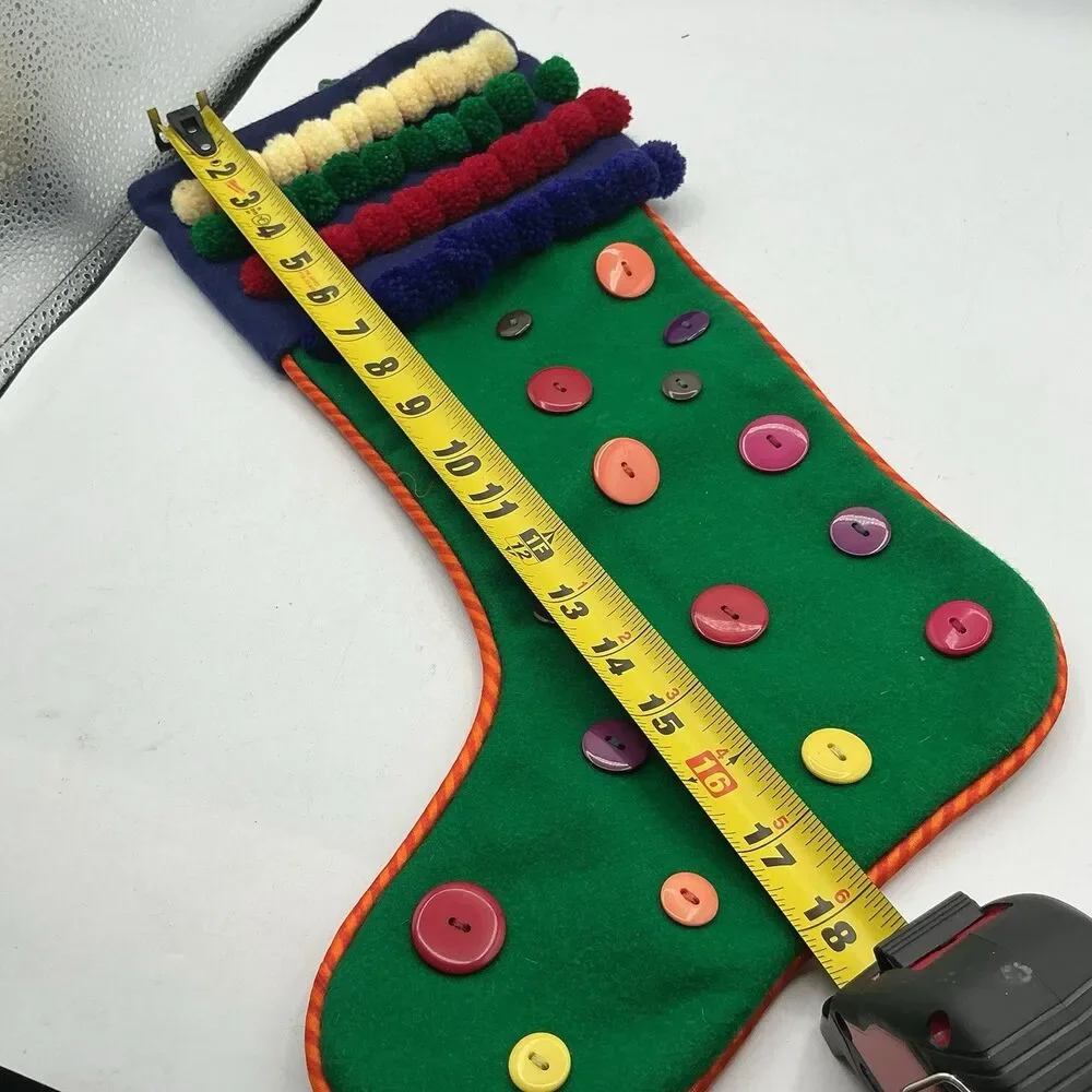 Crate & Barrel Buttons Christmas Stocking Pom Pom Wool Felt 18” Retired